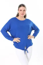 Kadın Büyük Beden Saks Önden Bağlamalı Uzun Kollu Bluz 65N37695