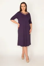 KADIN MOR YAKASI TÜL VE DANTEL DETAYLI ELBİSE