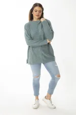 Kadın Büyük Beden Yeşil Yün Viskon Kumaş Sıfır Yakalı Yan Yırtmaçlı Tunik 65N37019