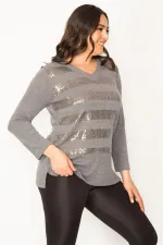 Kadın Gri Pul Payet Detaylı V Yaka Bluz 65N30407