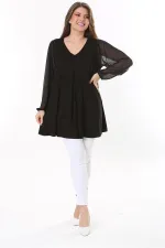 Kadın Büyük Beden Siyah Kolları Tül Önü A Pileli Tunik 65N37784