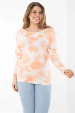 Kadın Büyük Beden Oranj Batik Desenli Uzun Kol Kollu Bluz 65N37363