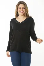 Kadın Büyük Beden Saks V Yakalı Taş Detaylı Uzun Kollu Bluz 65N37153