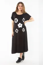 Kadın Büyük Beden Siyah Lame Baskılı Elbise