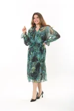 Kadın Büyük Beden Yeşil V Yakalı Etek Ucu Katlı Astarlı Tül Elbise 65N37556