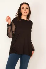 Kadın Siyah Kolları Tül Ve Dantel Detaylı V Yakalı Bluz 65N34692