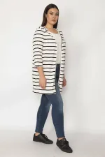 Kadın Kemik Pamuklu Kumaş Çizgili Hırka 65N29664