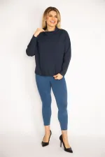 Women's Navy Blue Raglan Sleeve Hem Eyelet Lace-Up Sweatshirt 65N35182