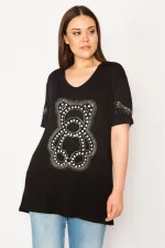 KADIN SİYAH TAŞ DETAYLI BLUZ