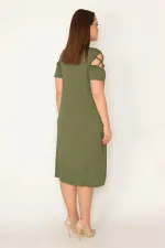 KADIN HAKİ OMUZ DEKOLTELİ VİSKON ELBİSE