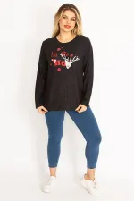 Kadın Siyah Yün Viskon Kumaş Lak Baskılı Bluz 65N35057