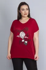 Kadın Bordo Baskı Detaylı Düşük Kol Bluz 65N22675