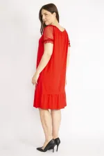 Kadın Kırmızı Büyük Beden Kolları Tül Yakası Lastik Detaylı Etek Ucu Katlı Elbise