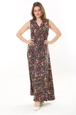 Kadın Büyük Beden Renkli Göğüs Büzgü Detaylı V Yaka Kuşaklı Elbise 65N37905