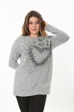Kadın Büyük Beden Gri Önü Taş Detaylı Yün Viskon Bluz 65N37501