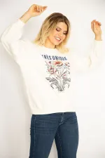 Kadın Kemik 3 İplik Kalın Ön Baskılı Omuz Büzgülü Ribanalı Sweatshirt 65N34846