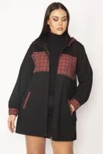 Kadın Bordo Ekose Desen Detaylı Kapşonlu Mont 65N29568