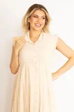 KADIN PUDRA  ETEĞİ VE KOL AĞZI PİLİSE DETAYLI ÖN DÜĞMELİ ELBİSE