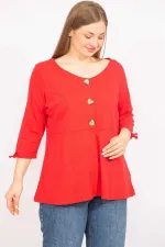 Kadın Kırmızı Büyük Beden Önü Süs Düğmeli Kol Bağcıklı Bluz 65N35734