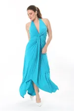 Kadın Büyük Beden Yeşil Boyundan Bağlamalı Göğüs Detaylı Elbise 65N37739