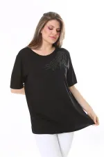 Kadın Büyük Beden Siyah Taş Detaylı Bluz 65N37802