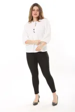 Kadın Büyük Beden Kemik Kendinden Desenli Gofre Kumaş Yaka Bağcıklı Kapri Kollu Bluz 65N37579