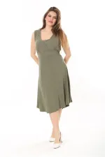 Kadın Haki Anvelop Yakalı Arka Bel Lastikli Kolsuz Likralı Viskon Elbise 65N37872