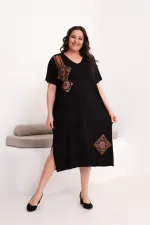 Kadın Büyük Beden Siyah, Nakış Rahat Kesim Elbise 65N39442