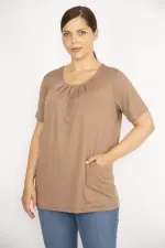 Kadın Camel Büyük Beden Yaka Pileli Ön Cepli Bluz