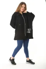 Women's Plus Size Black Front Lacquered Printed Hooded Casual Cut Sweatshirt 65N37118