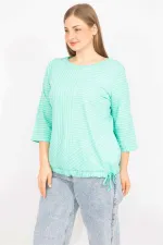 Kadın Lacivert Büyük Beden Pamuklu Kumaş Çizgi Kombinli Bluz 65N35571