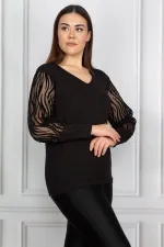Kadın Büyük Beden Siyah Kolu Flok Tül Bluz 65N17976