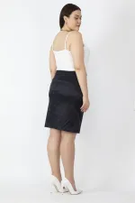 Kadın Lacivert Diagonal Saten Kumaş Düğme Detaylı Arka Bel Lastikli Etek 65N16670