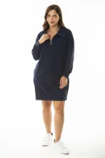 Kadın Büyük Beden Lacivert Ön Pat Fermuarlı Dik Yakalı Sweatshirt Elbise 65N36968