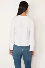 WOMEN'S WHITE COLLAR STRIPED BLOUSE WITH EYELET LACE DETAIL AND SLEEVE SLIT