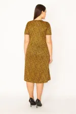 KADIN HARDAL İNCE KREP KUMAŞ KISA KOLLU DESENLİ ELBİSE