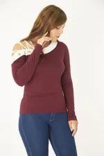 Kadın Büyük Beden Bordo Kuşgözü Ve Biye Detaylı Bluz 65N36965