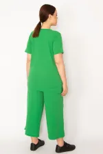 Kadın Fujya Kaşkorse Örme Beli Lastikli Geniş Paçalı Pantolon V Yakalı Bluz Takım 65N32939