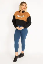 Women's Tan, Ribbed, 3-Thread Collar, Zippered, Two-Tone Sweatshirt 65N35066