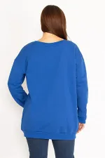 Kadın Saks Büyük Beden 3 İplik İçi Şardonlu Sweatshirt 65N35609