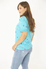 Kadın Lacivert Büyük Beden Pamuk Kumaş Yaka Ve Kolları Dantel Detaylı Bluz