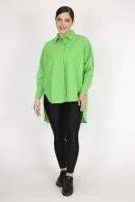 Kadın Yeşil Büyük Beden Gizli Pat Ön Boy Düğmeli Arkası Uzun Gömlek