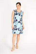 Kadın Mavi Büyük Beden Bisiklet Yakalı Desenli Elbise