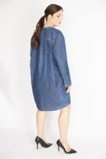Kadın Lacivert Büyük Beden Yıkama Efektli Ön Patı Çıtçıt Düğmeli Kot Elbise