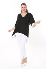 Kadın Büyük Beden Kemik Kol Ve Etek Ucu Tül Ve Garni Detaylı V Yakalı Arkası Uzun Tunik 65N37681