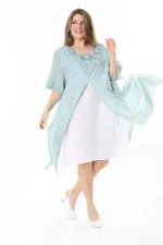 Kadın Büyük Beden Yeşil Yaka Dantelli İki Parça Elbise 65N37784