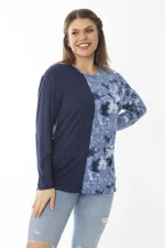 Kadın Büyük Beden Lacivert Bisiklet Yakalı Desenli Bluz 65N37027