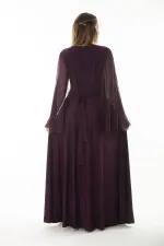 Kadın Büyük Beden Lacivert Bel Detaylı Kolları Tül Abiye Elbise 65N37065