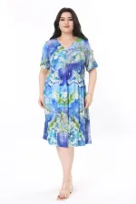 Kadın Büyük Beden Renkli V Yakalı Bel Büzgülü Desenli Elbise 65N37984