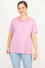 Kadın Lila Büyük Beden Pamuklu Kumaş Dantel Detaylı Bluz